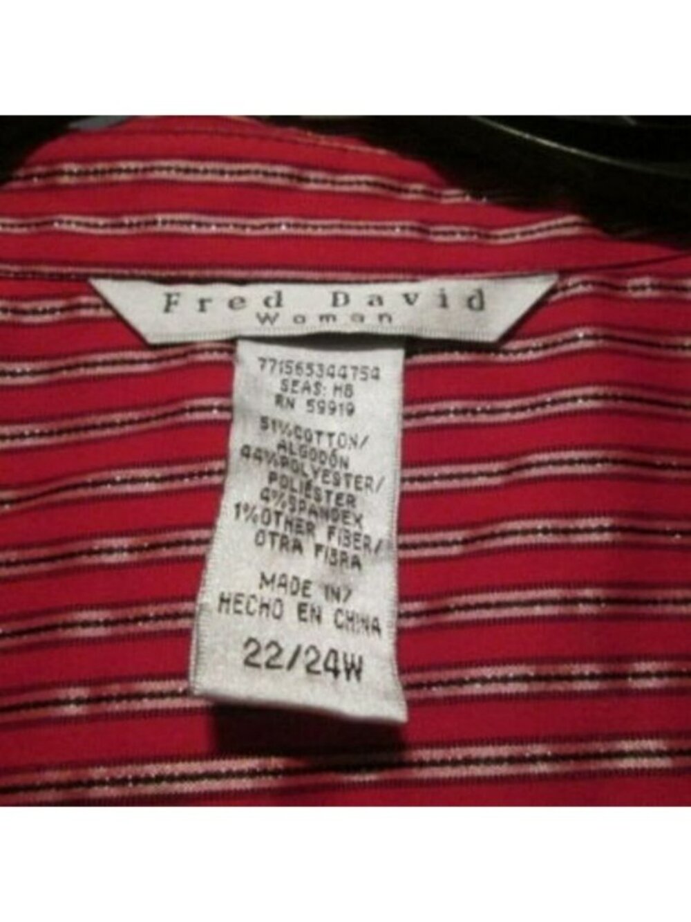 Fred David Striped Red Black Metallic Shirt 22/24W - Picture 6 of 6